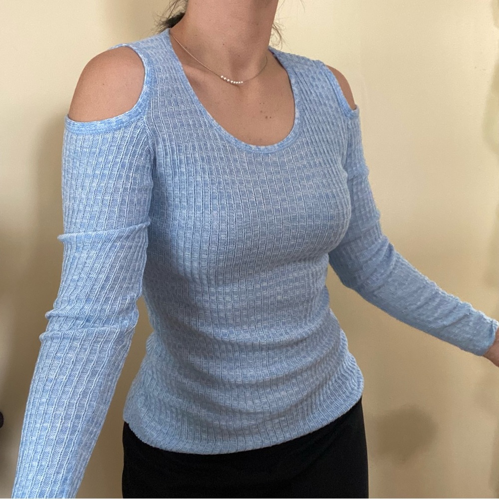 Say what S blue white open shoulder cut out long sleeve sweater